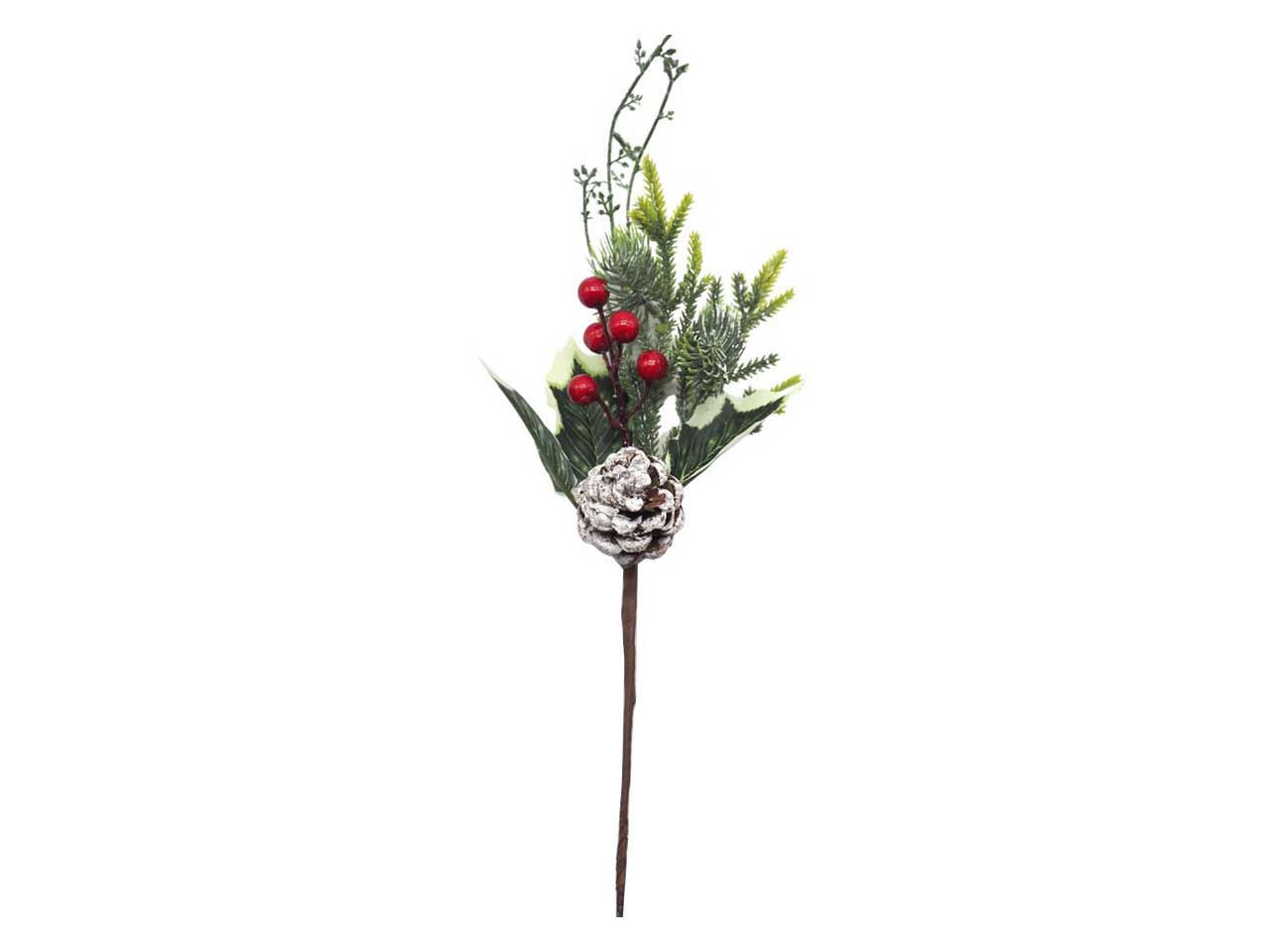 Rametto con aghi di pino e agrifoglio misura h.30cm con bacche rosse e pigne