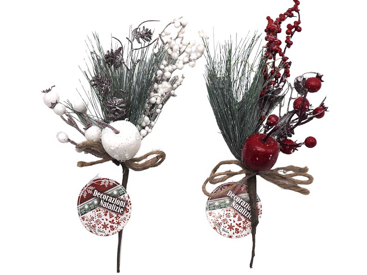 Pick con aghi di pino misura h.28cm con bacche bianche e rosse con brillantini