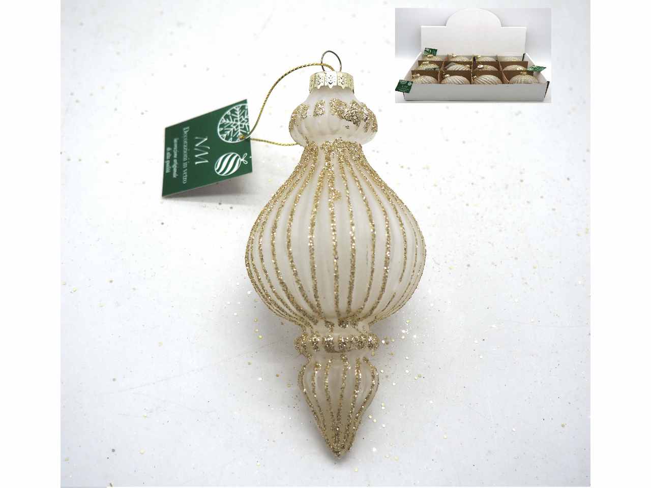 Pendaglio bianco opaco c/glitter oro d.6,4x14,5cm