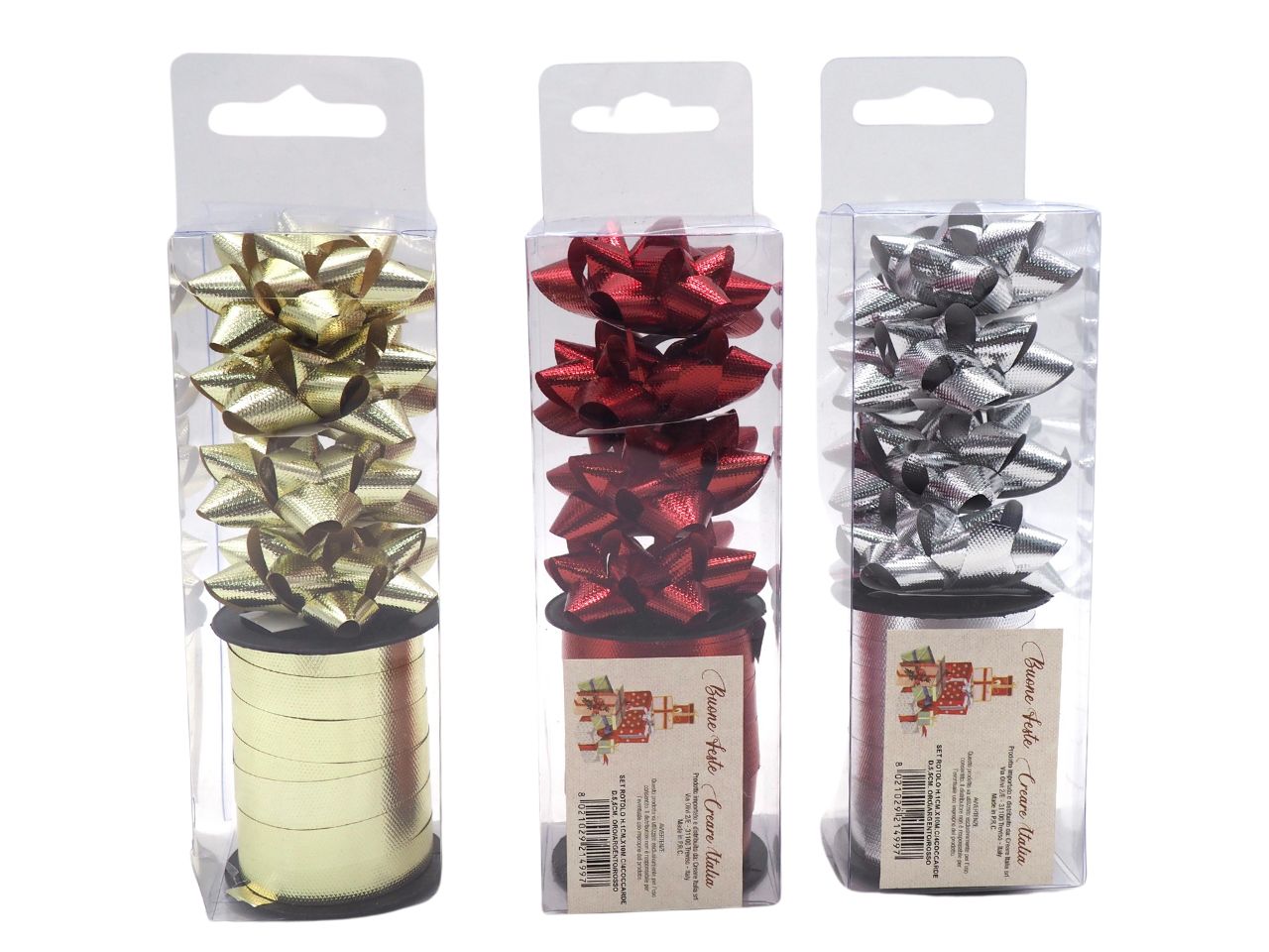 Set nastro h.1cmx10m.con 4 coccarde d.5,5cm -disponibile in 3 colorazioni