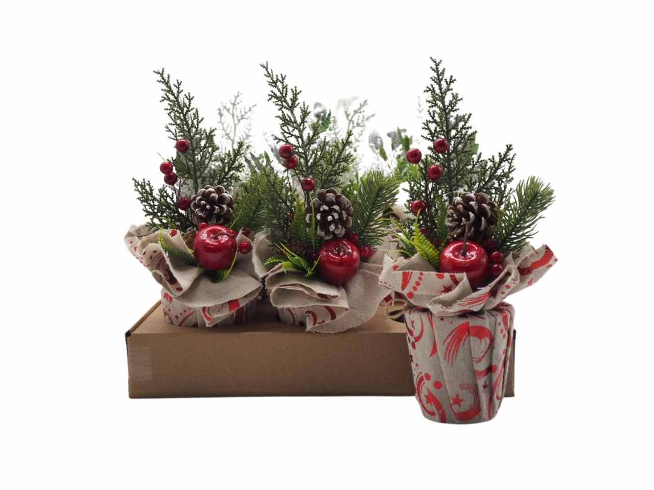 Vasetto c/aghi pino+bacche rosse c/mela 28cm