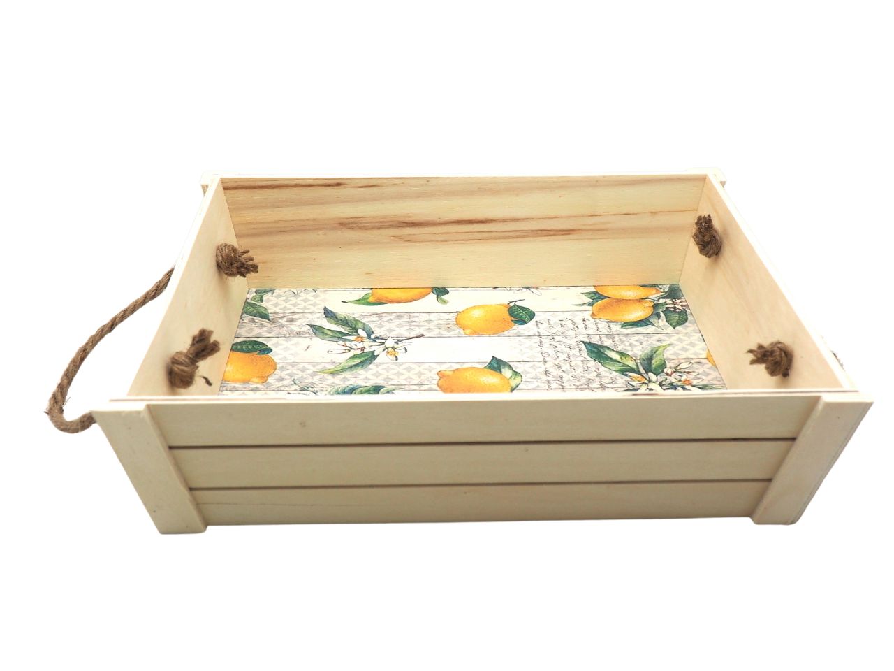 CASSETTA IN LEGNO CON STAMPA LIMONI E MANICI IN CORDA 37x29xH.9CM