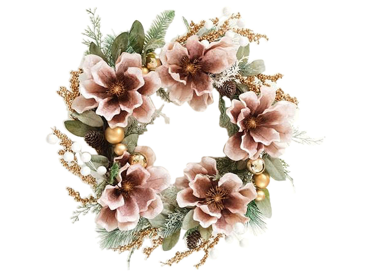 Corona d35cmcon fiori con pigne rosa