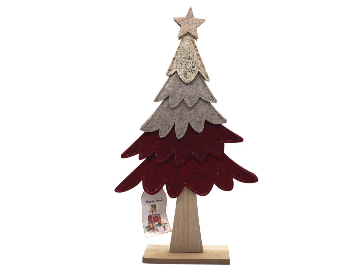 Albero di natale con base e stella in legno decorativo in panno rosso e beige 41x5x23 cm - Creare Italia