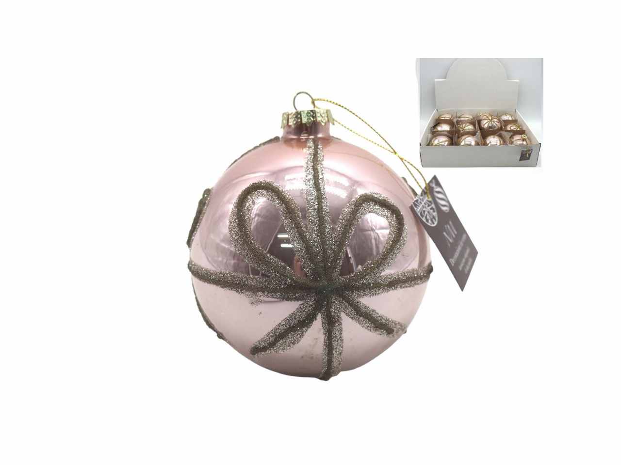 Palla vetro diam. 10 cm argento c/fiocco oro