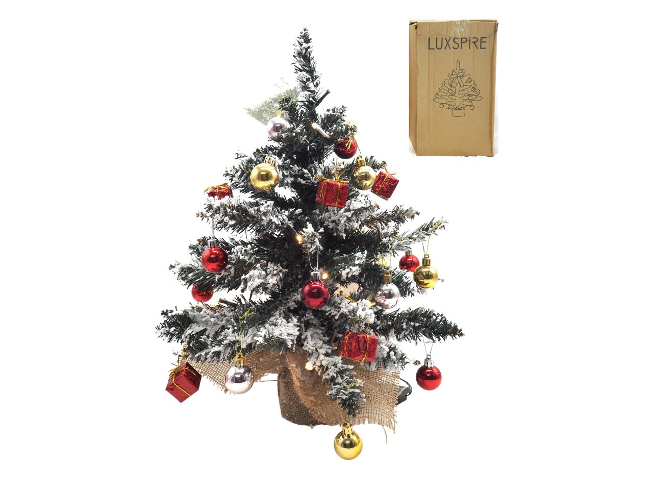 Albero di natale misura h.45cm con neve, 30 luci, 18 palle, 9 regali e 70 tips misura 5cm base vaso piu' juta