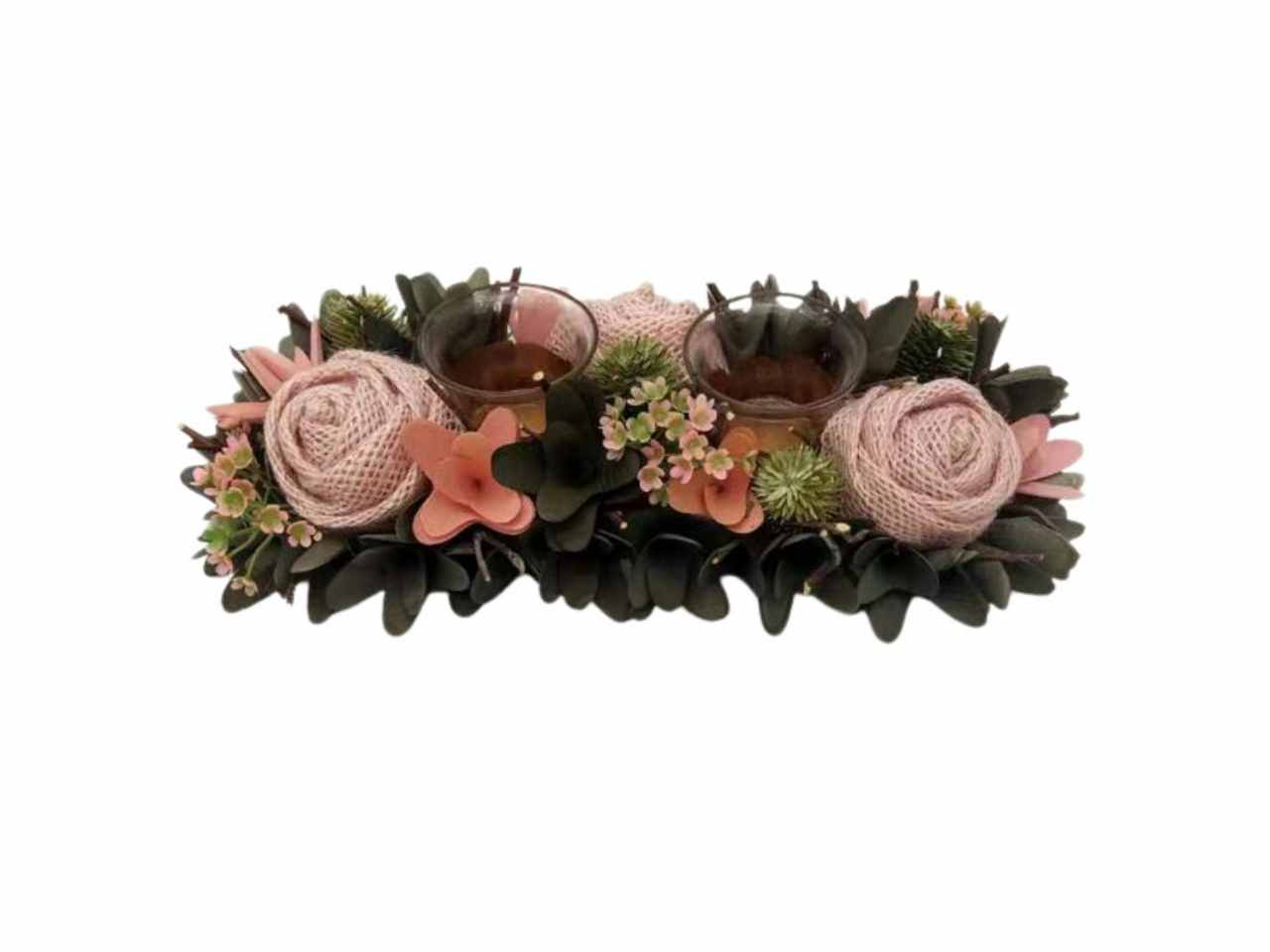 P.candela 2 vetri juta rosa-bacche-pigne-fiori 34x16x8cm