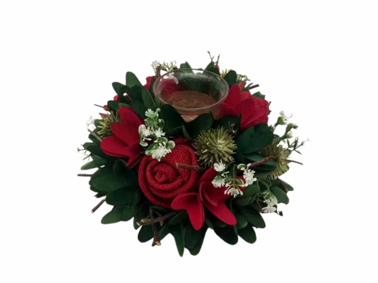 P.candela 1 posto vetro juta rossa-bacche-pigne-fiori. diam 20 x h 9