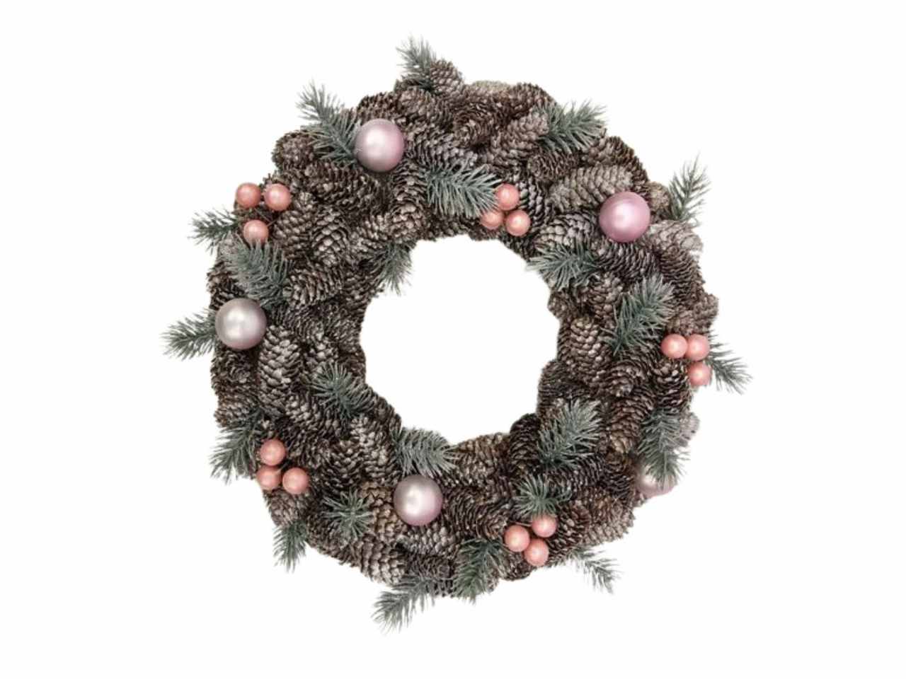 Corona bacche rosa e pigne in pe d33cm h6.5cm