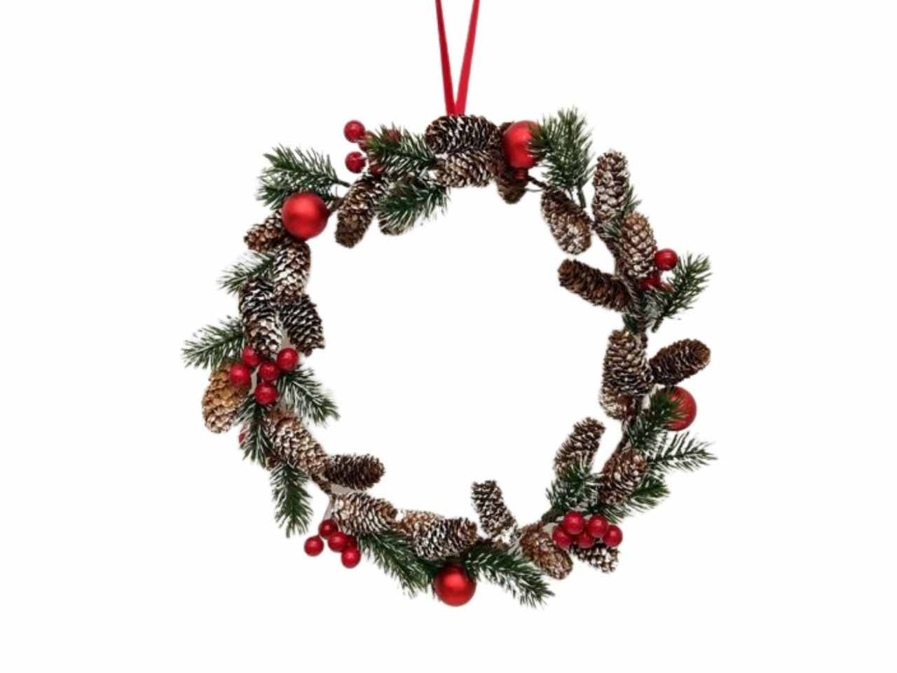 Corona bacche rosse e pigne in pe d32cm h4cm