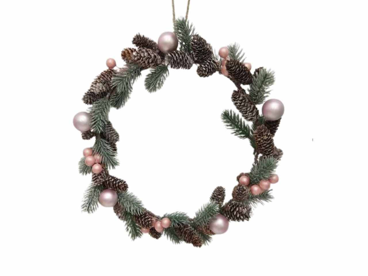 Corona bacche rosa e pigne in pe d32cm h4cm