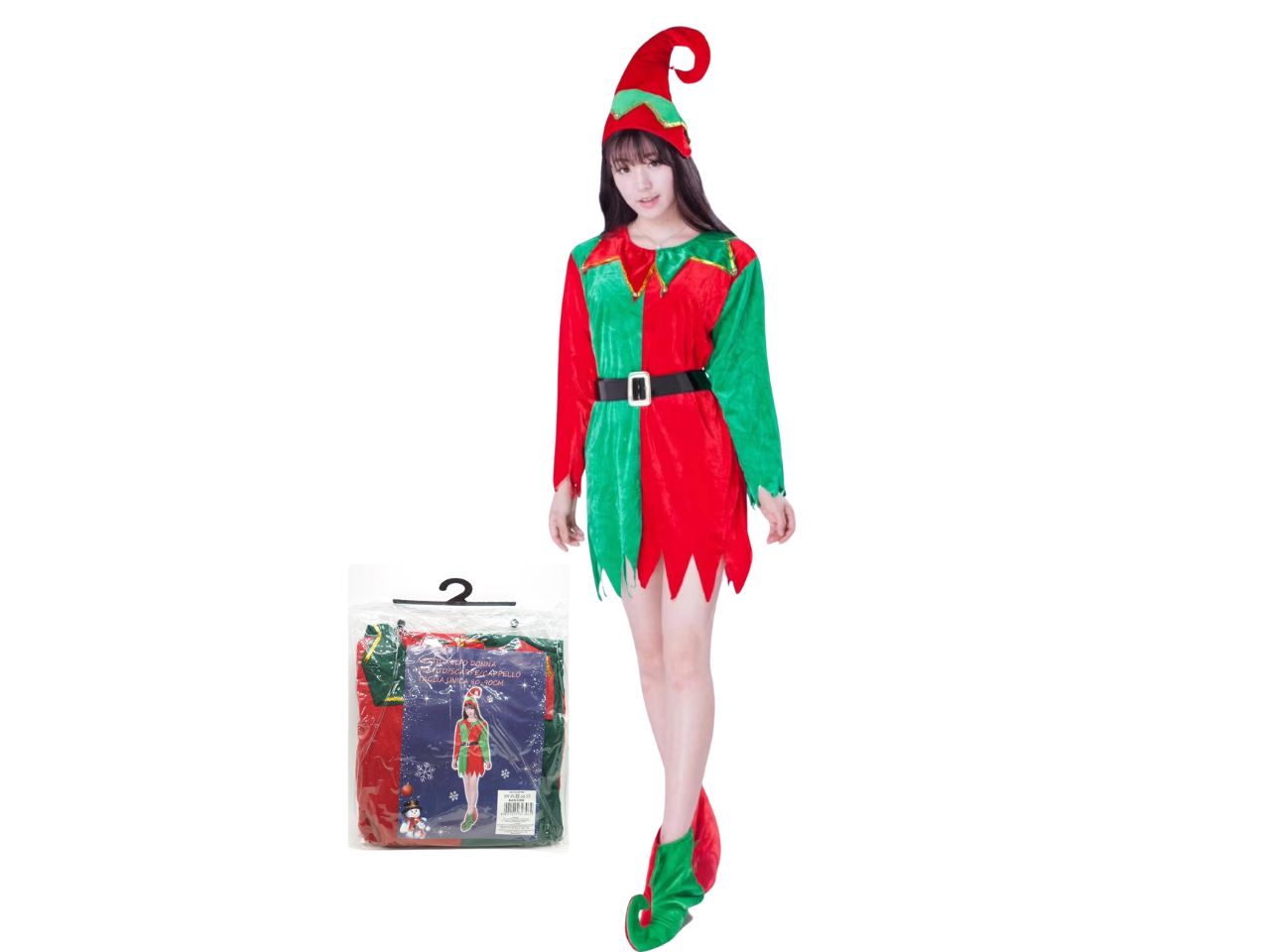 Vestito da elfo per donna con vestito, scarpe e cappello taglia unica misura 80-90cm