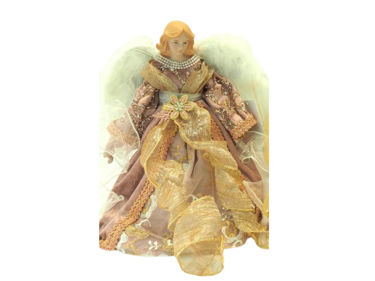 Puntale natalizio angelo grande misura h.45cm con veste in tessuto con organza colore rosa