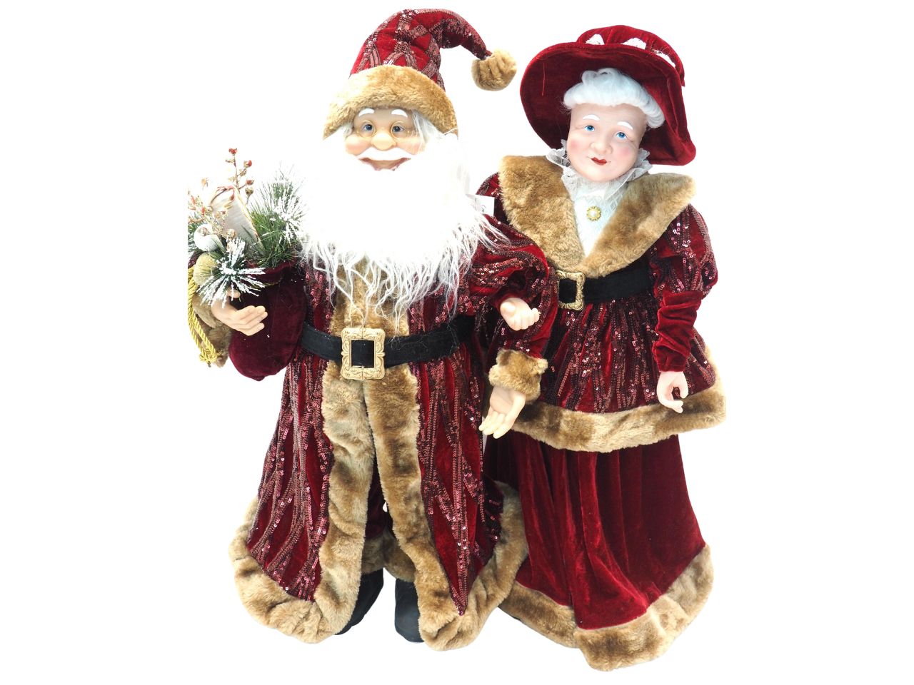 Babbo natale e mamma natale in piedi misura h.66cm con veste panno e lana colore bordeaux