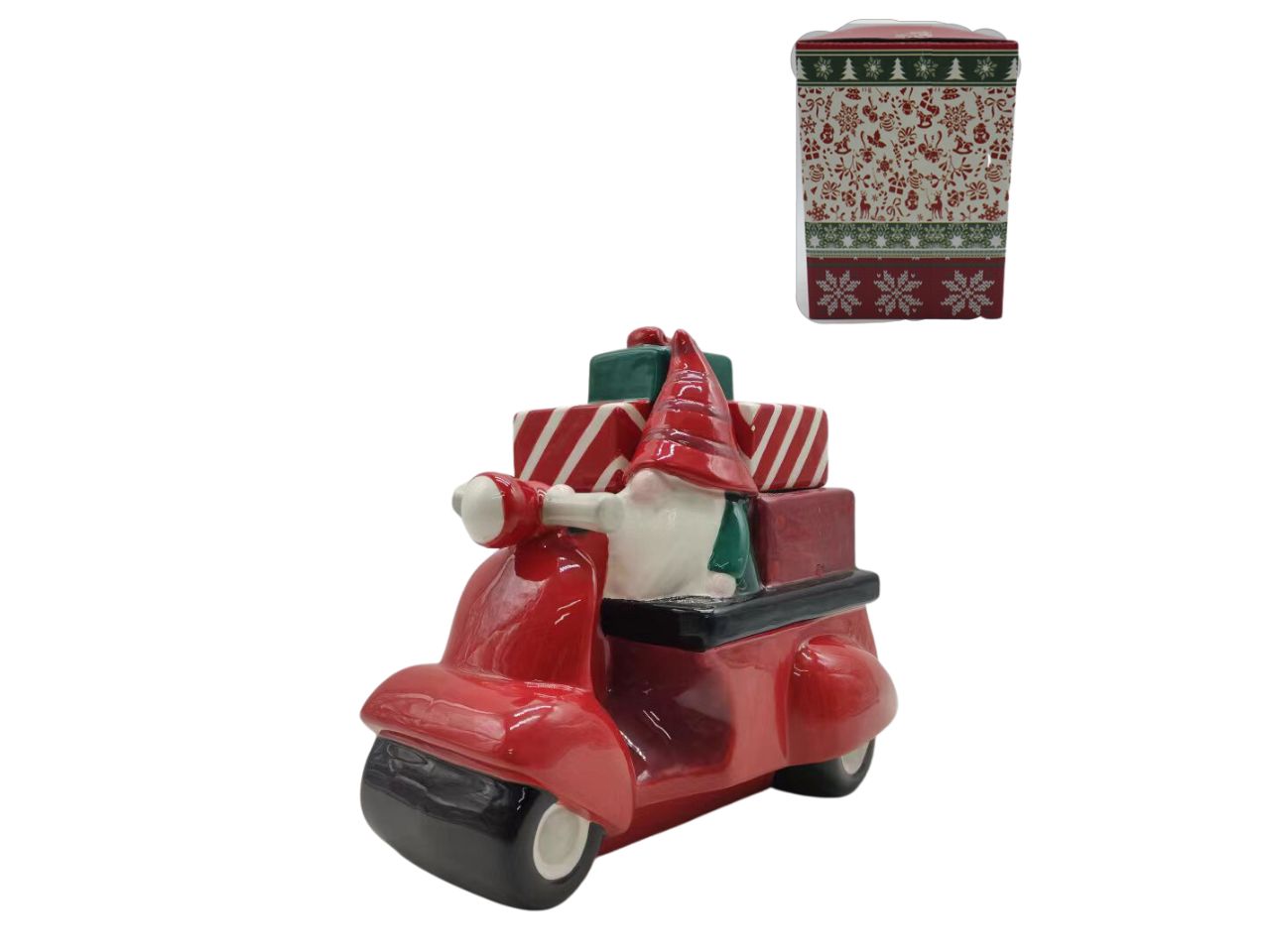Biscottiera di babbo natale con vespa e pacchi regalo misura h.21x23,3x16,5cm in ceramica