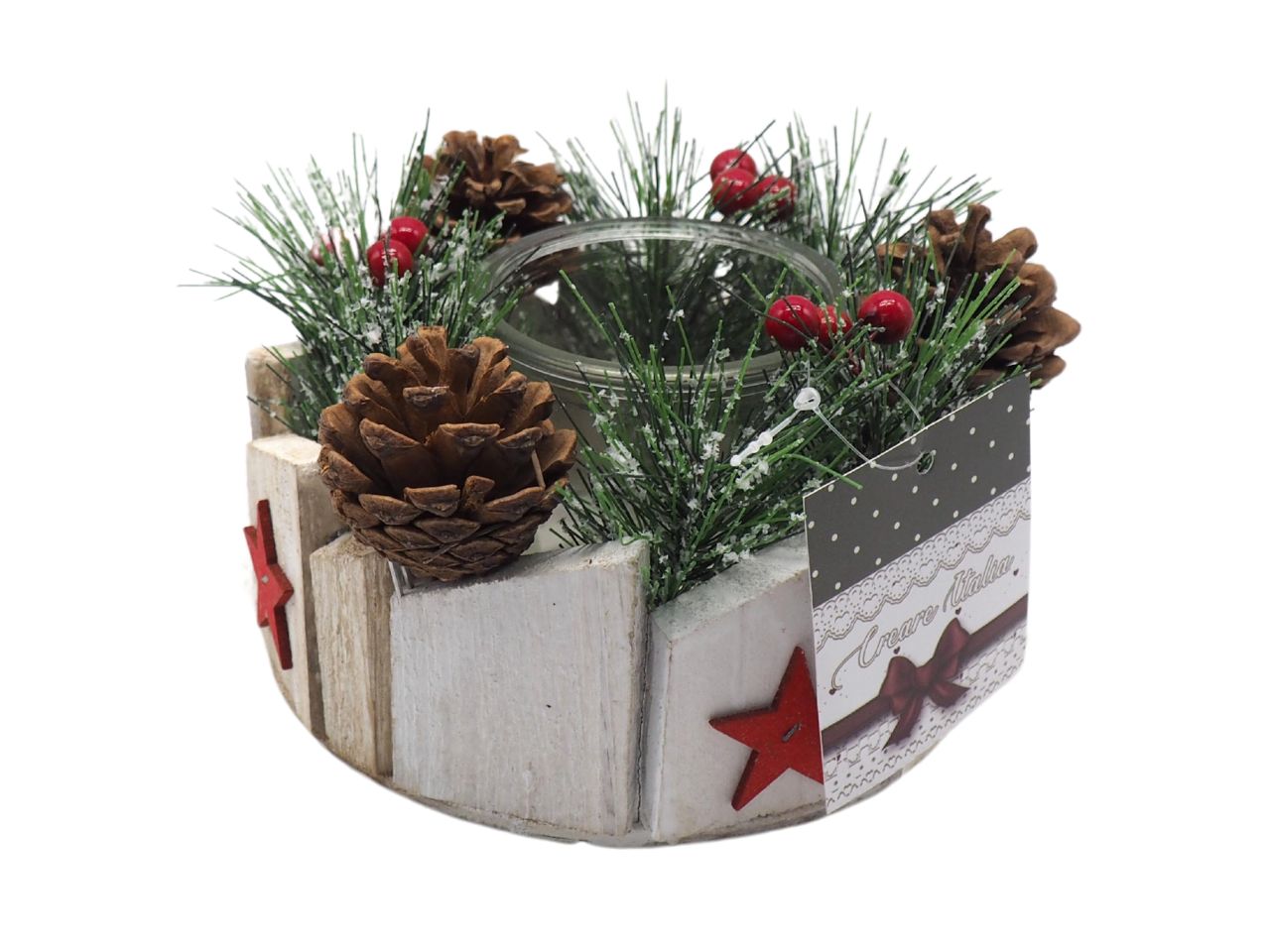 Porta candela in legno bianco nevato con pigne e bacche h12xd17cm