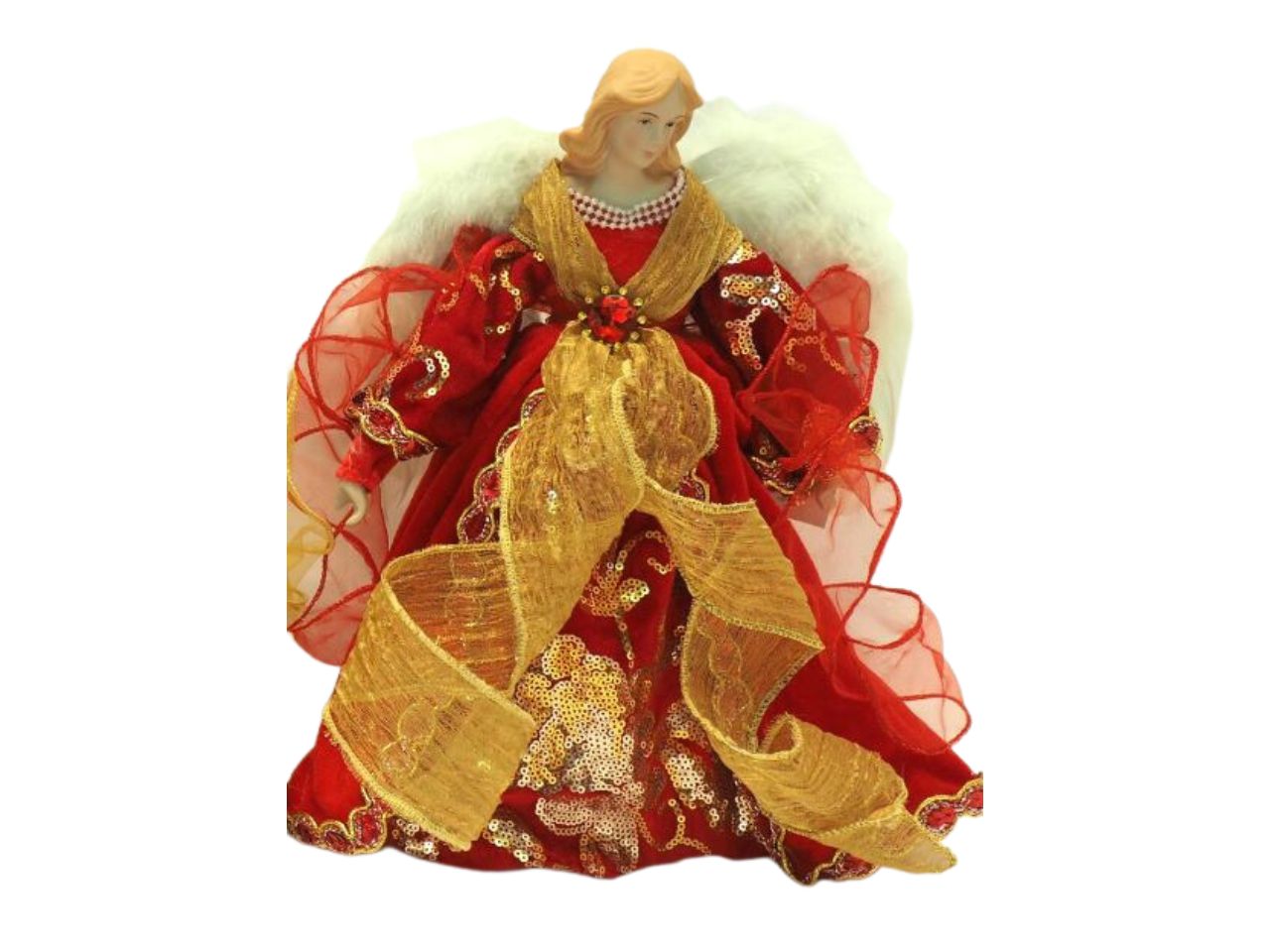 Puntale natalizio angelo grande misura h.30cm con veste in tessuto e organza colore rosso