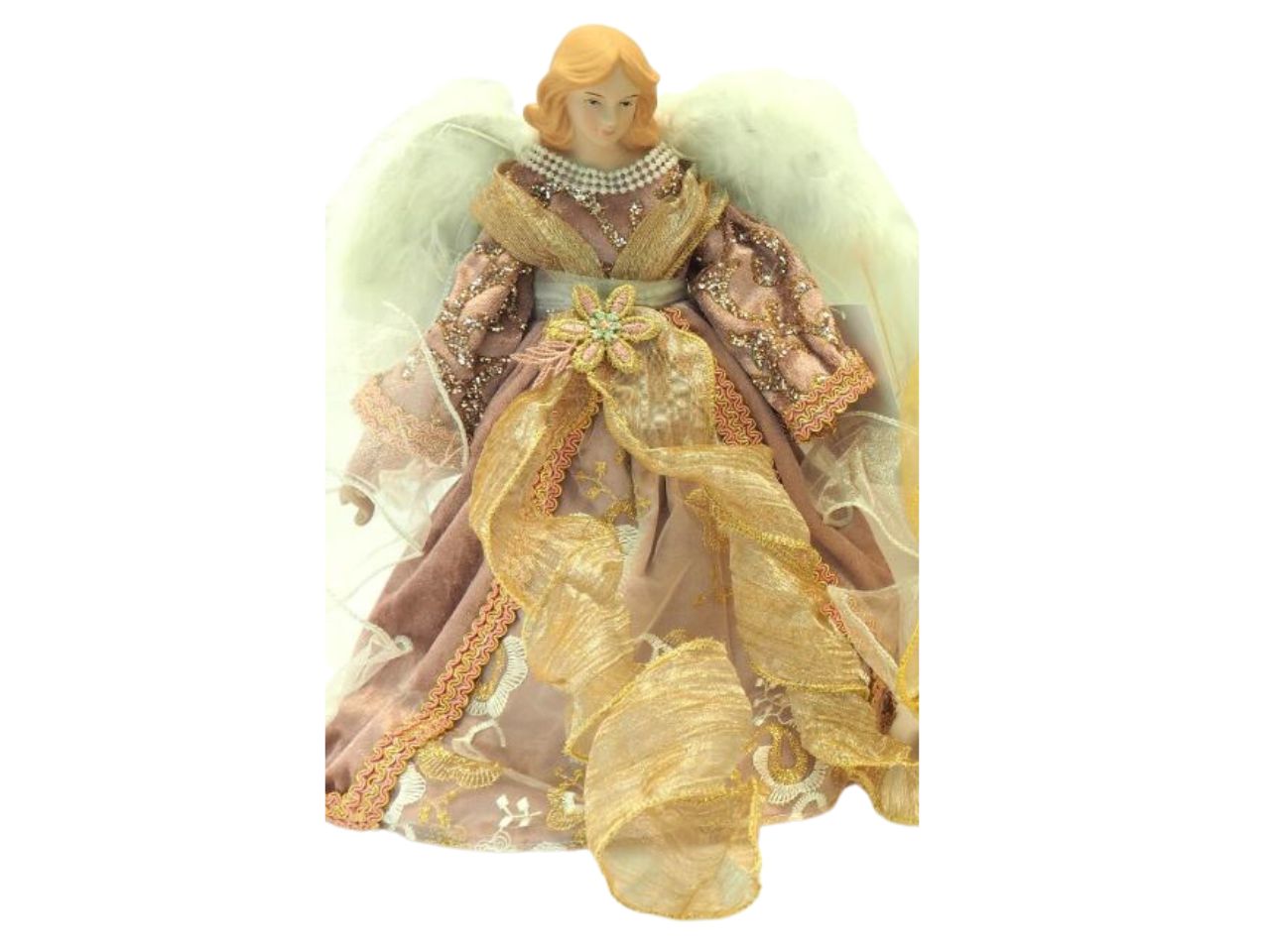 Puntale natalizio angelo grande misura h.30cm con veste in tessuto e organza colore rosa