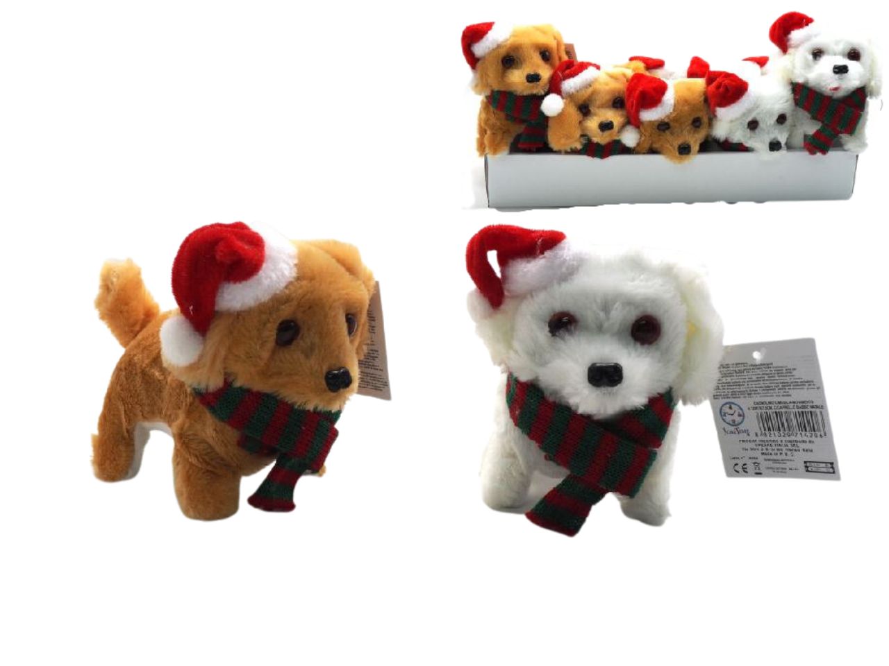 Cagnolino con musica e movimento misura h.12x17x7,5cm con cappello di babbo natale