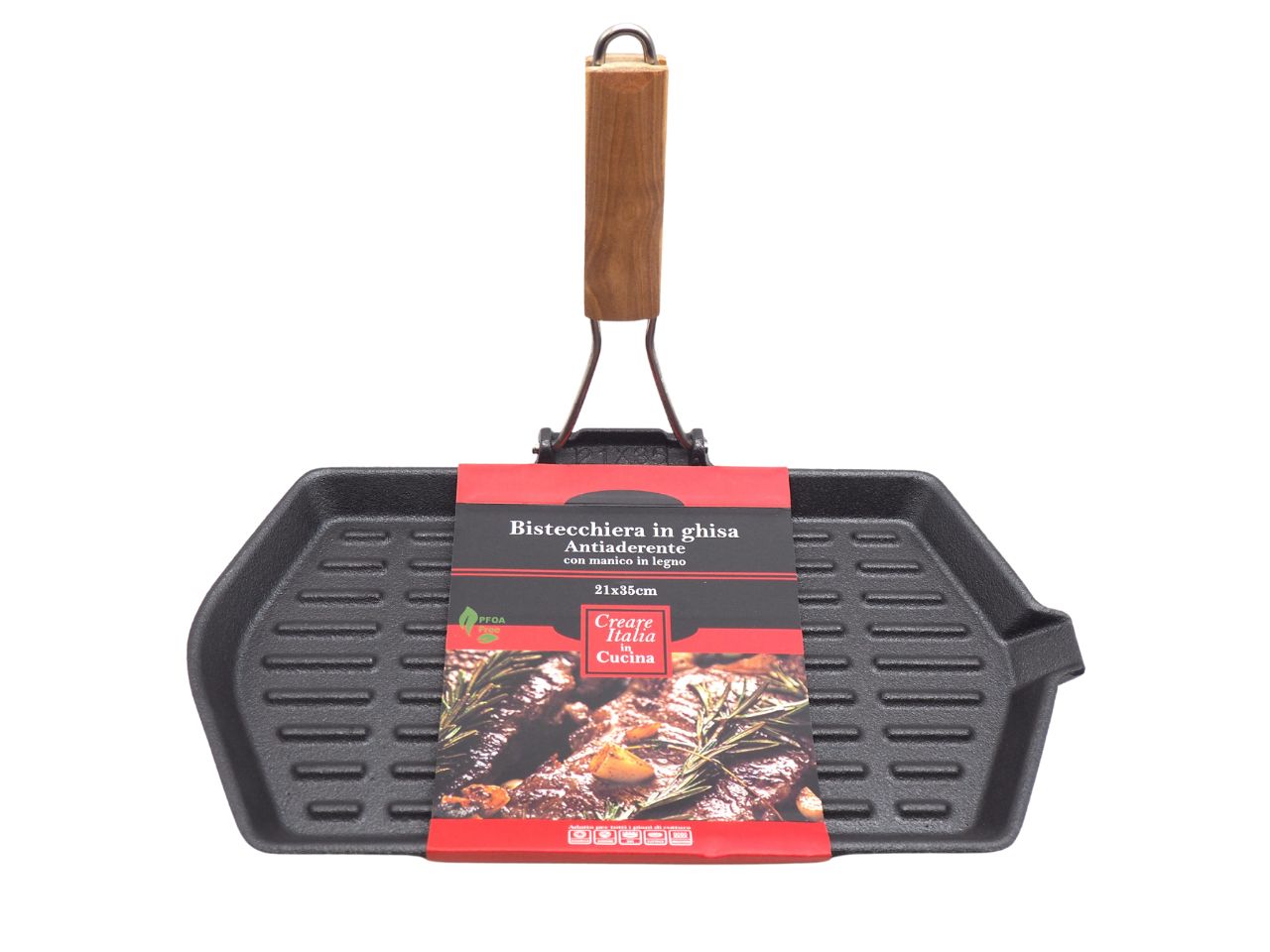 Bistecchiera antiaderente in ghisa a induzione,rettangolare, con manico in legno, compatibile con ceramica, alogeno, gas, elettrico, induzione - 35x21x3,5 - Creare