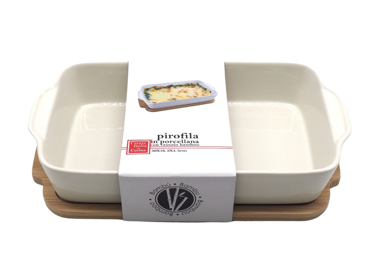 Teglia da forno in porcellana, rettangolare, con vassoio in bamboo, colore avorio, resistente al calore - 30x16,5x4,5 cm - Creare