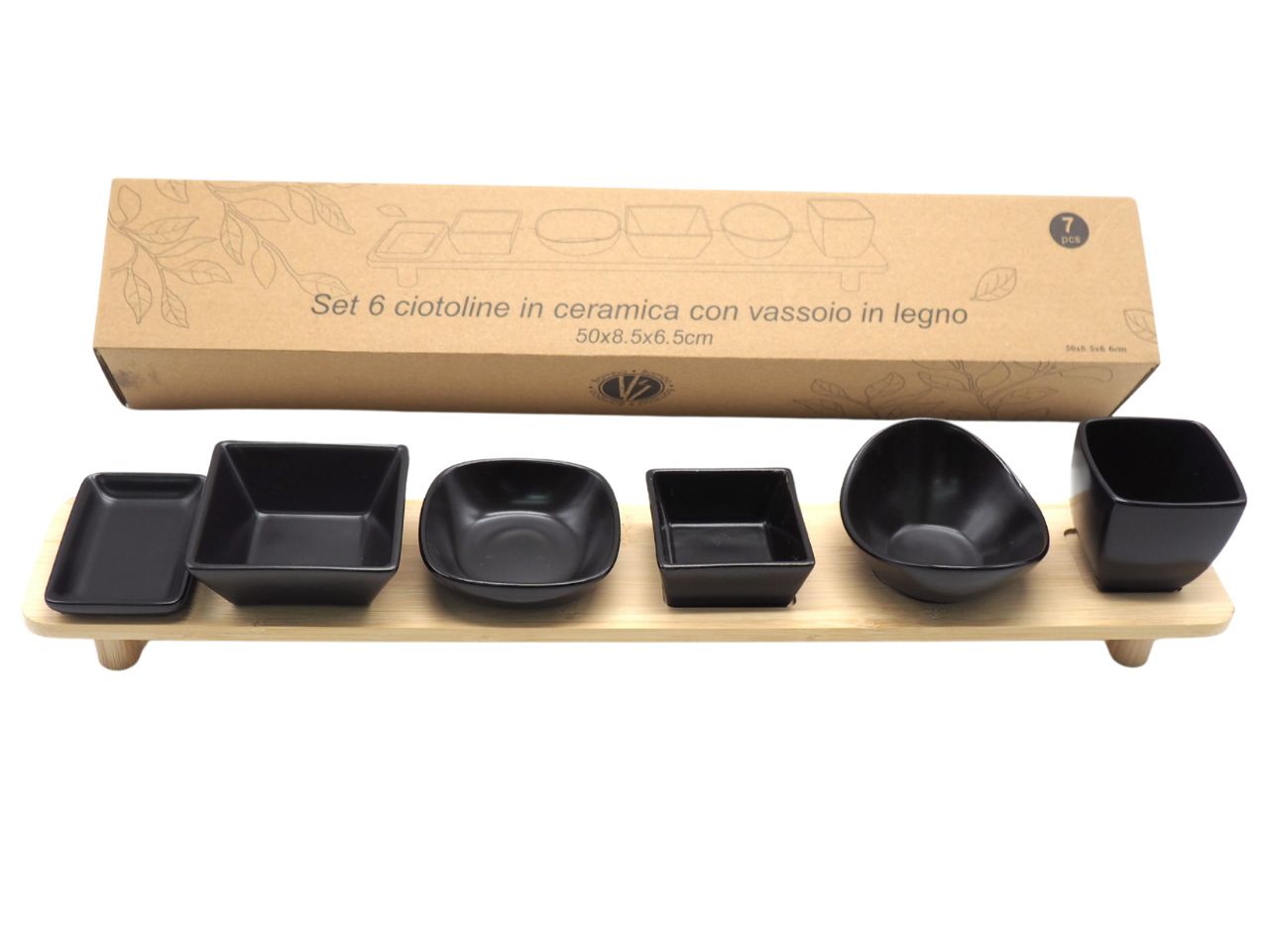 Ciotoline per antipasti set orientale in ceramica nera e vassoio in bamboo - 49,5x8x10cm - Creare