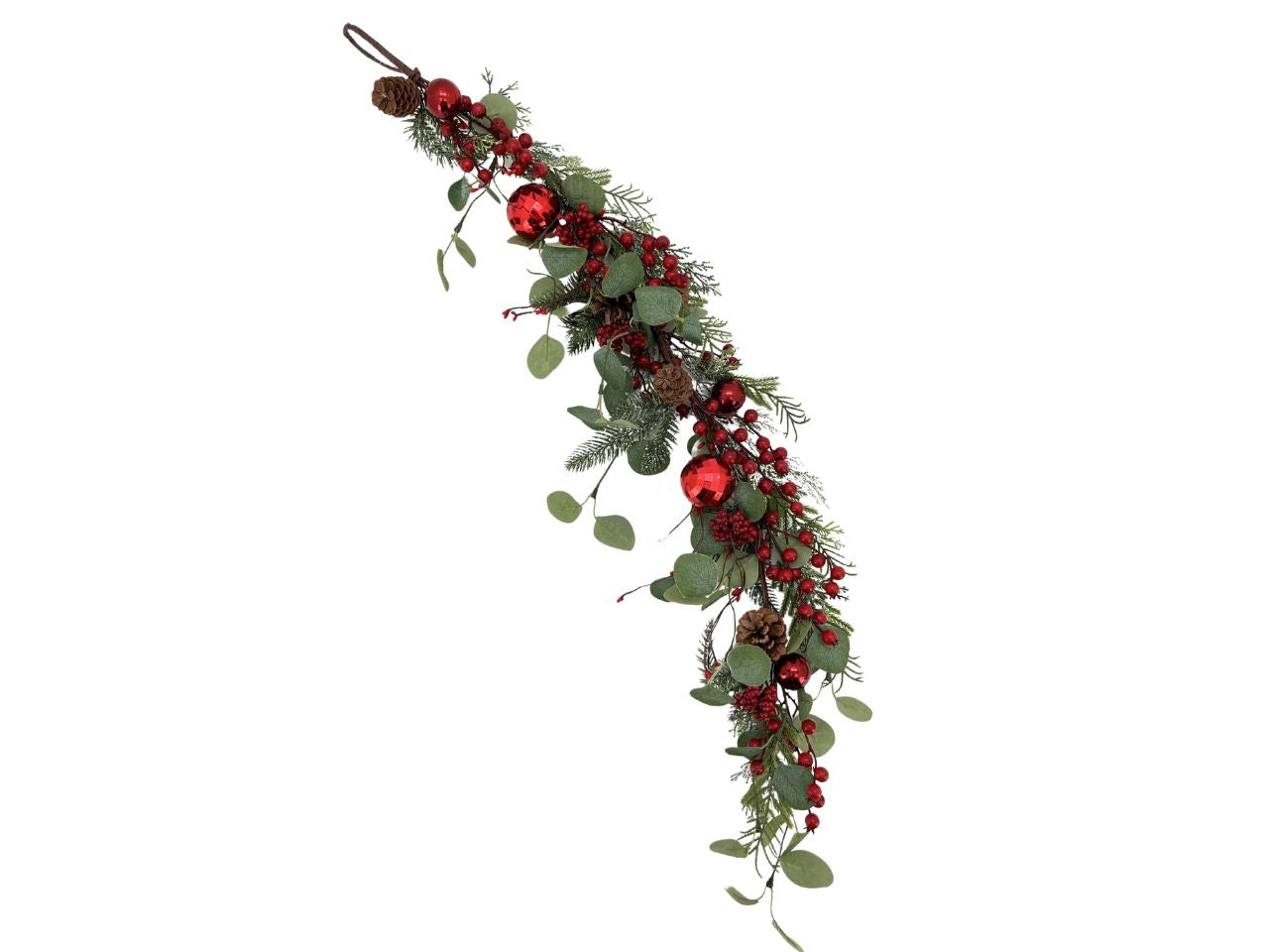 Filo decorativo con foglie bacche rosse e pigne 90cm
