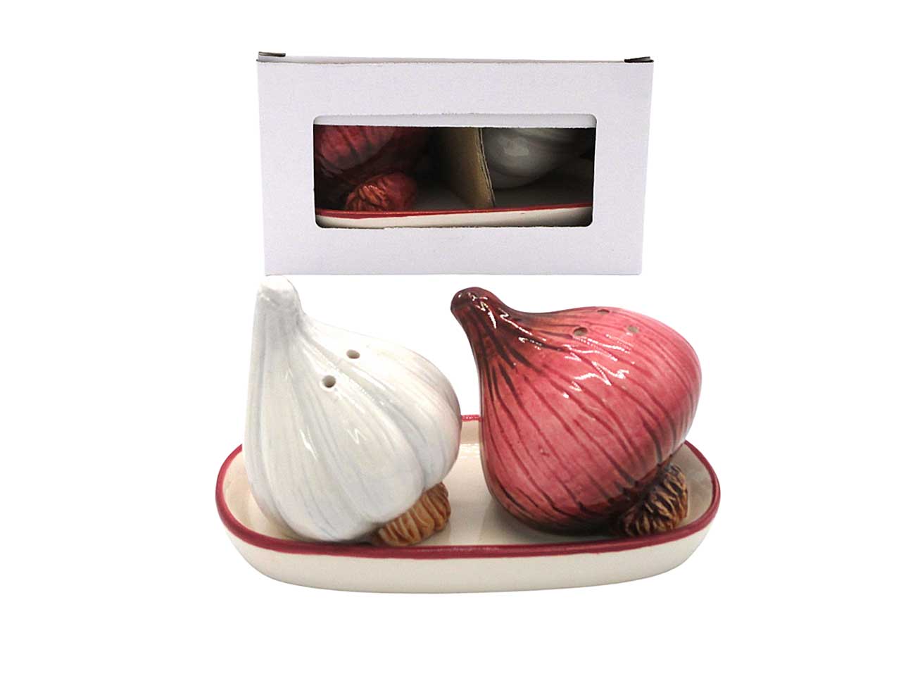 Set sale pepe 7x6cm con piattino 14x7cm disegno aglio e cipolla