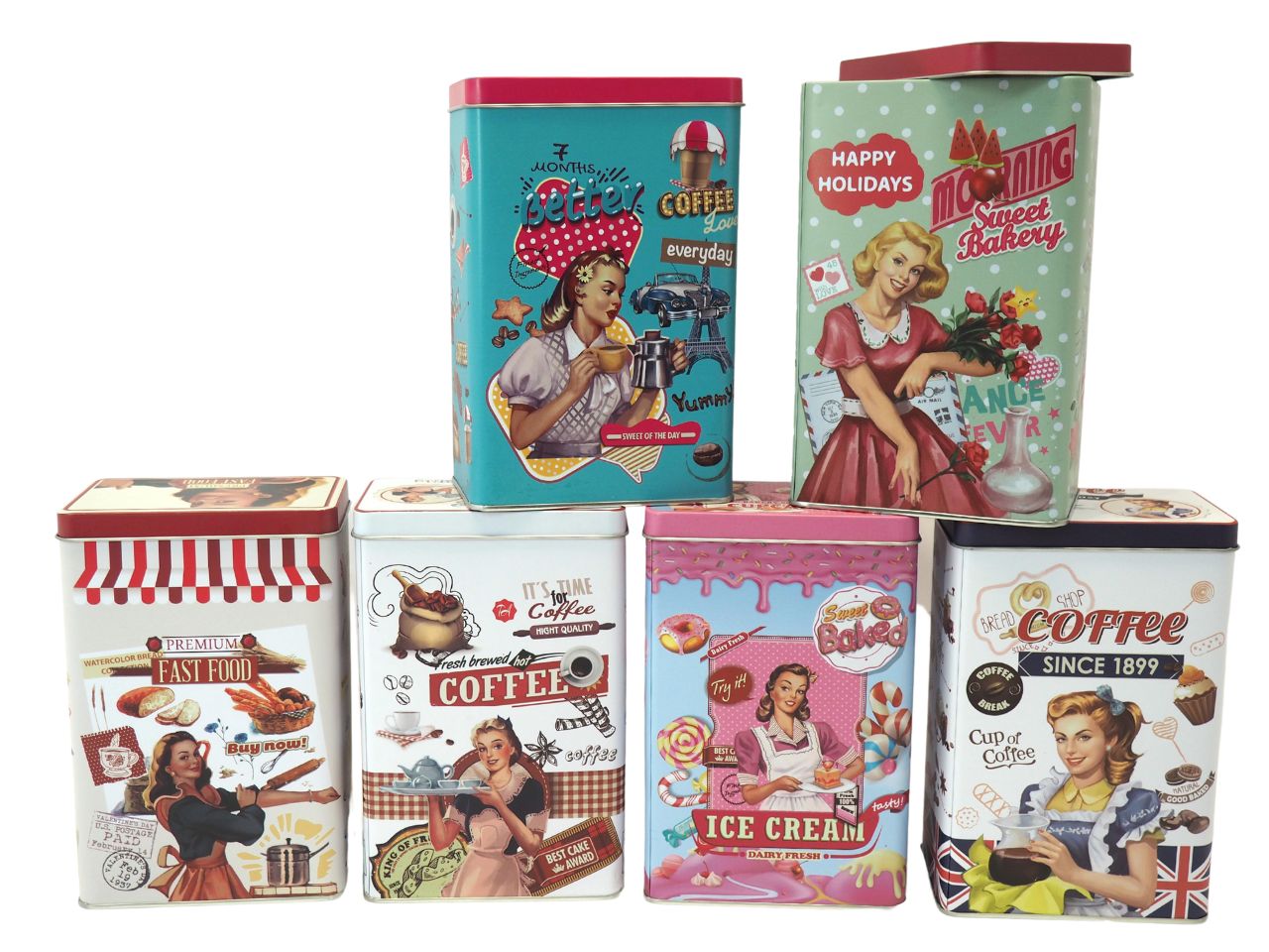 Barattolo in latta rettangolare h.18,5x12x7,5cm con disegno pin up 6 assortimenti