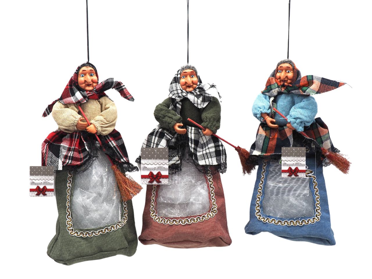 Befana h.30cm con cerniera e scopa da appendere-disponibile in 3 colorazioni