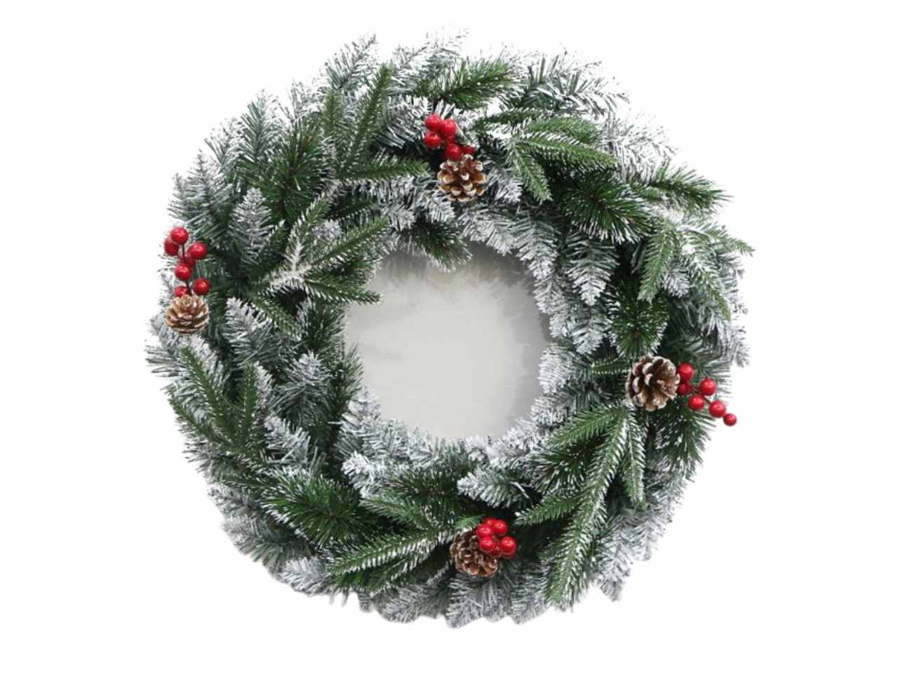 Corona pino nevata d.50cm 98tips c/bacche rosse pe..