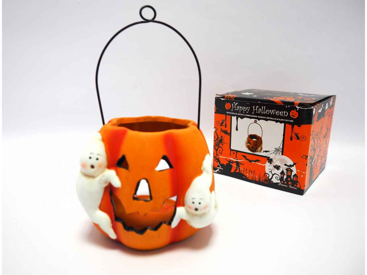 Secchiello zucca con fantasmini e manico in metallo 9,2x11x11cm