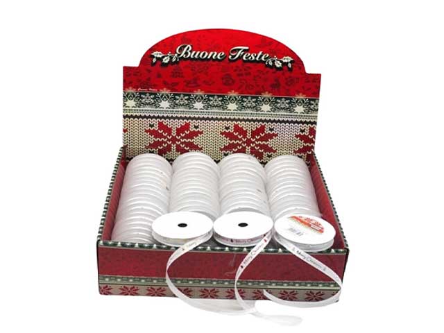 Rotolo nastro bianco merry christmas lucido h.0,9cm.x2,7m assortito