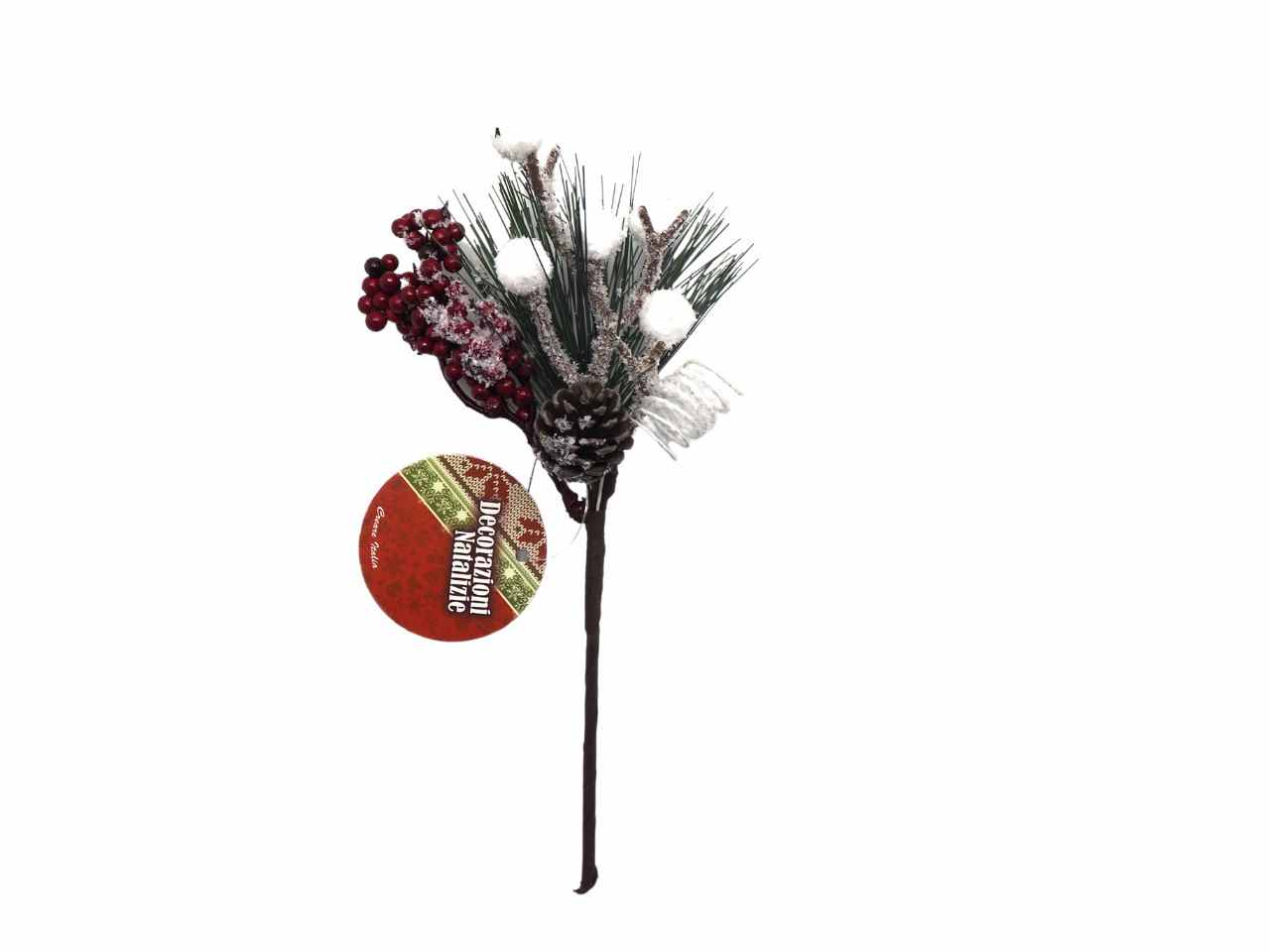 Rametto pino c/palline floccate e bacche rosse 24cm