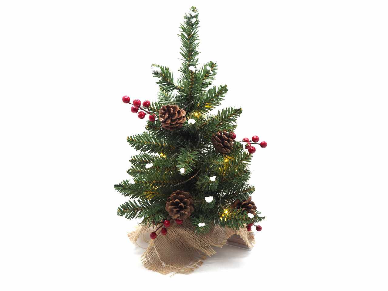Albero pino nevato c/bacche-pigne b.juta 45cm