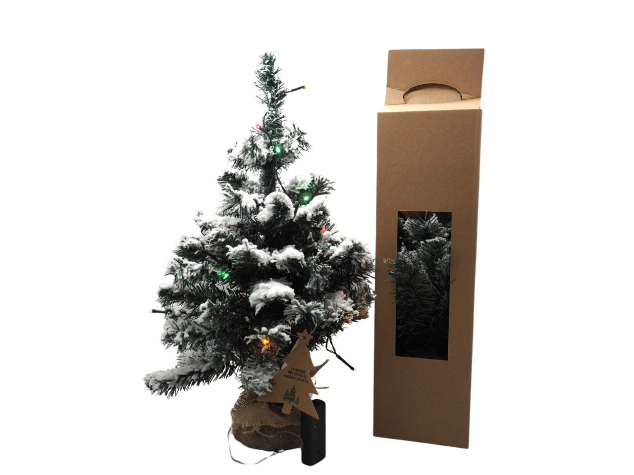 Albero nevato su base juta h.50cmcon 15luci multicolor batteria 60tips