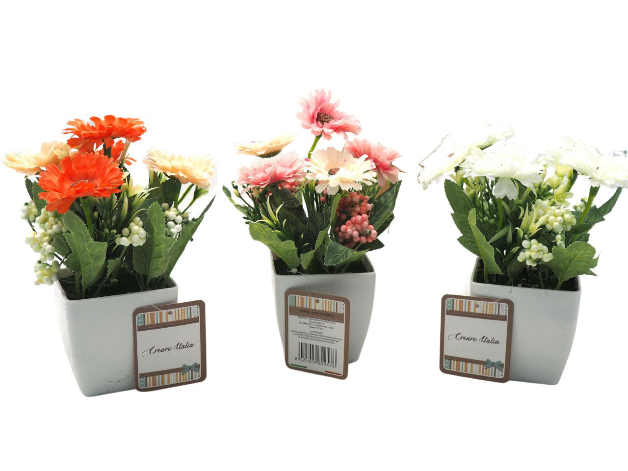 Fiori assortiti bianchi/gialli/rosa/arancio su vasetto bianco