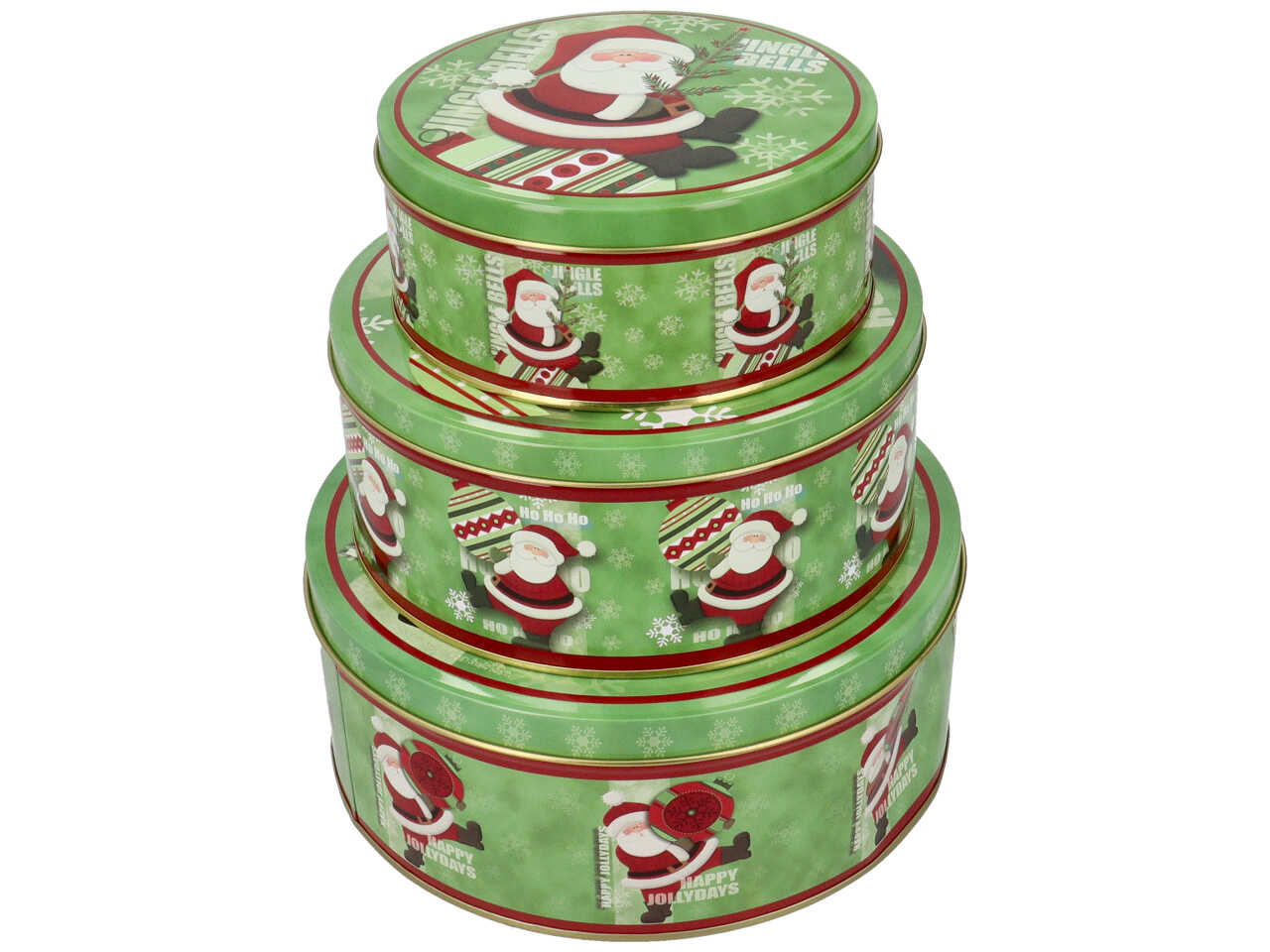 Scatole in latta misura h.9,5xd.20cm con decori natalizi - la confezione comprende 3 scatole