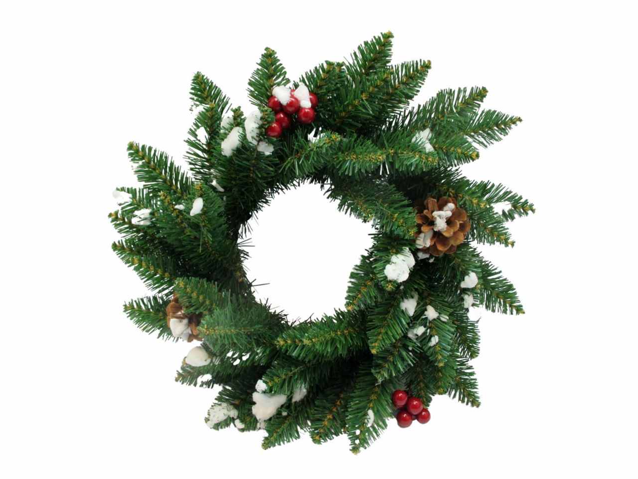 Corona diam.30cm 55tips bacche/pigne/neve