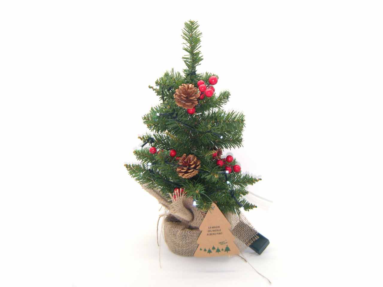 Albero c/bacche/pigne b.juta 44cm con 15led bianchi