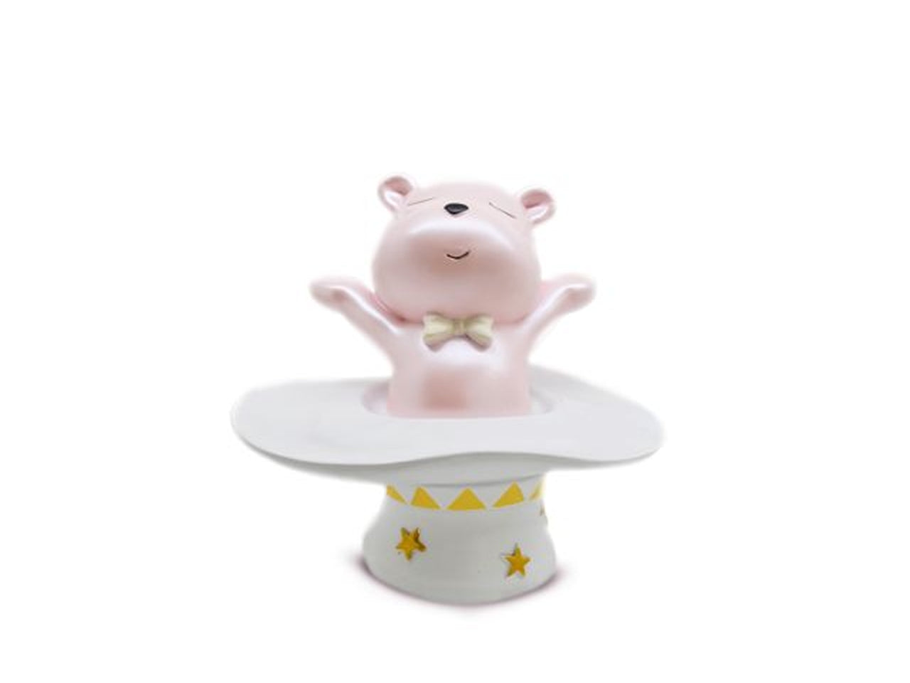 Salvadanaio bomboniera nascita bimba a forma di orsetto rosa e cilindro in resina 15x16cm - Sud Import