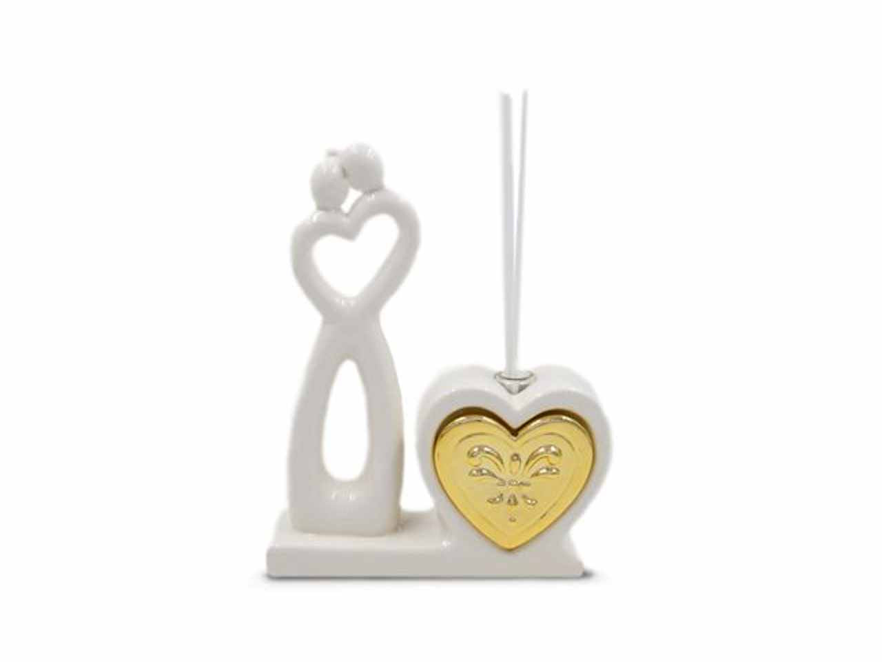 Coppietta con profumatore a forma di cuore in ceramica con applicazione oro 19cm