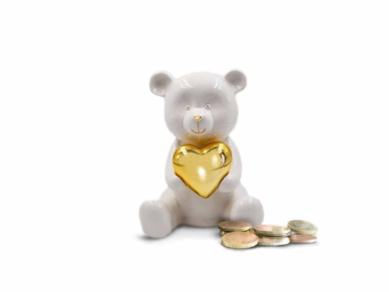 Salvadanaio a forma di orsetto medio con cuore oro 17cm