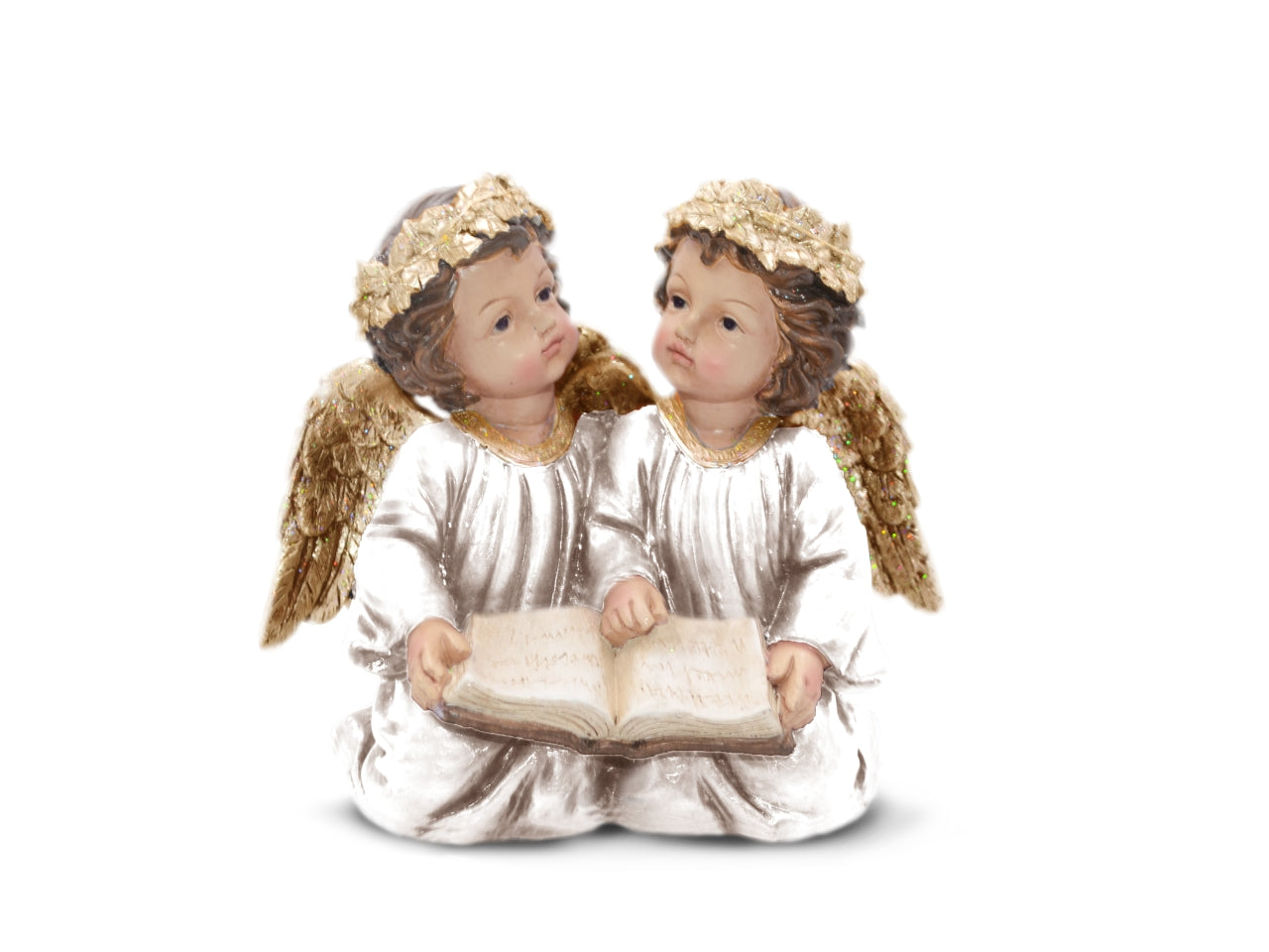 Angeli in resina bianco e dorato con corona di luci led e libro 25x21 cm - Sud Import