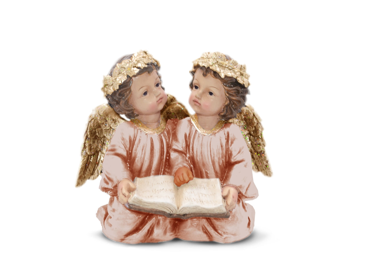 Angeli in resina rosa e dorato con corona di luci led e libro 25x21 cm - Sud Import