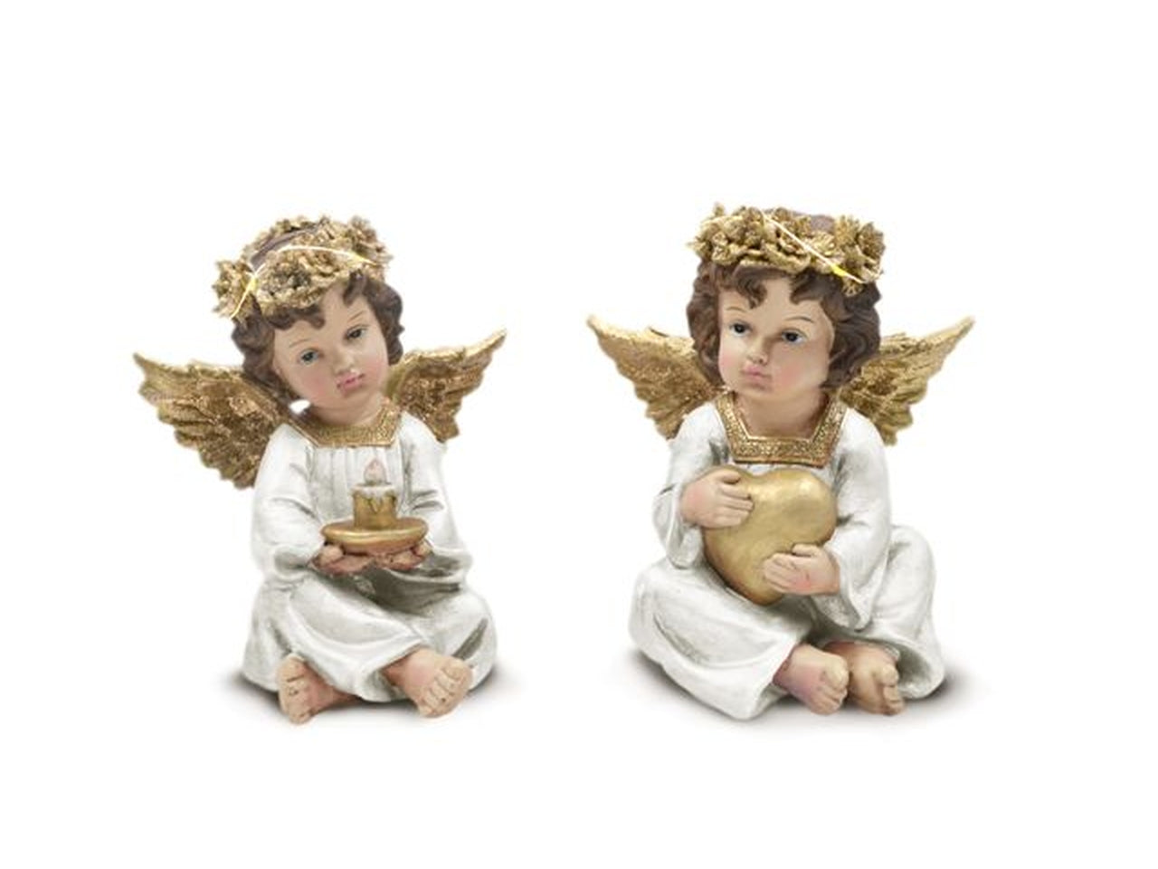 Angelo in resina bianco e dorato con corona di luci led 2 soggetti assortiti 20 cm - Sud Import