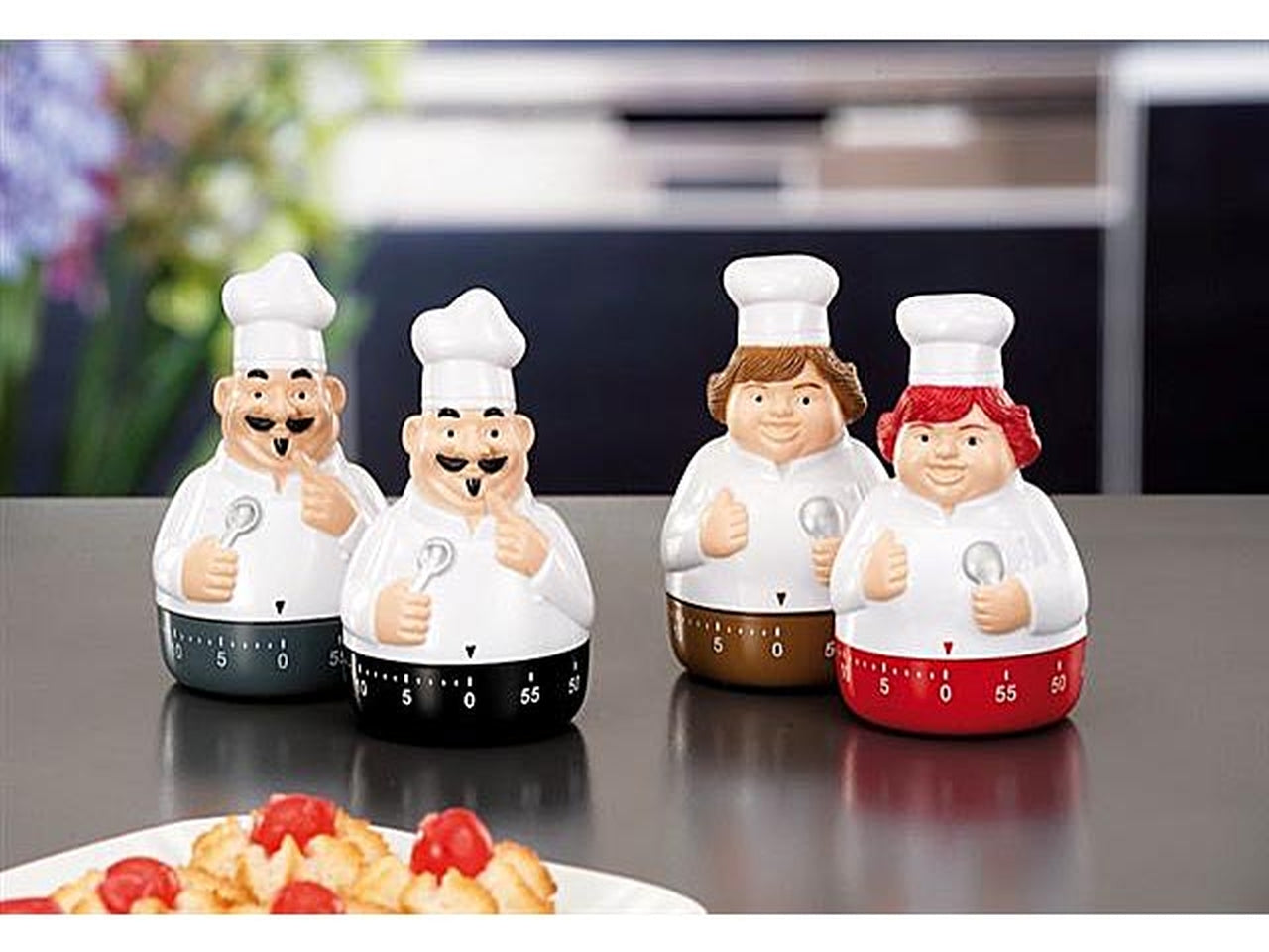Timer cucina  a forma di chef, meccanico in plastica, da tavolo, 60 min - 8,5x8xh5,5cm - 4 colori assortiti - Star