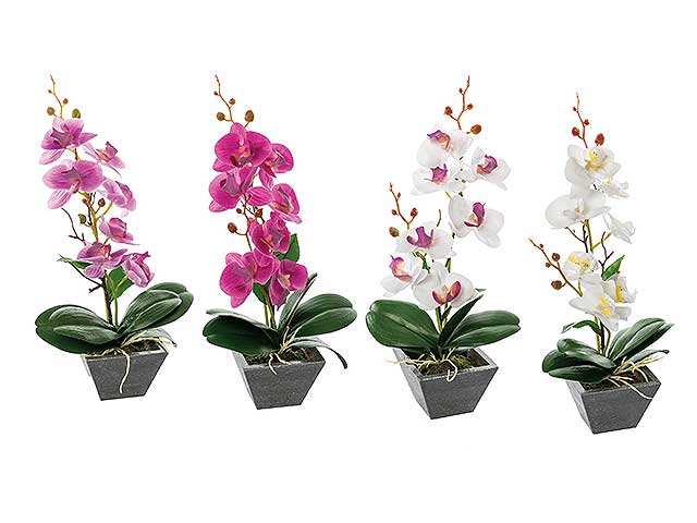Piantina orchidea artificiale in vaso di melamina - multicolore realistico e flessibile con fogliame opaco - ramo a 7 fiori - 10x10x35cm - Star