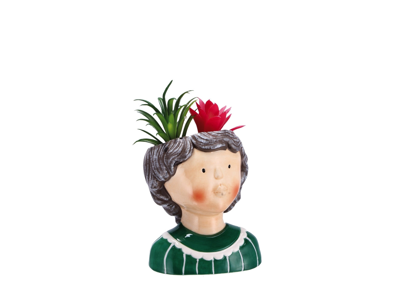 Piantina grassa artificiale con vaso in ceramica testa di donna, multicolor, vintage e realistico con fogliame opaco - disponibile in 3 colori - 9x8xh.15cm - Star