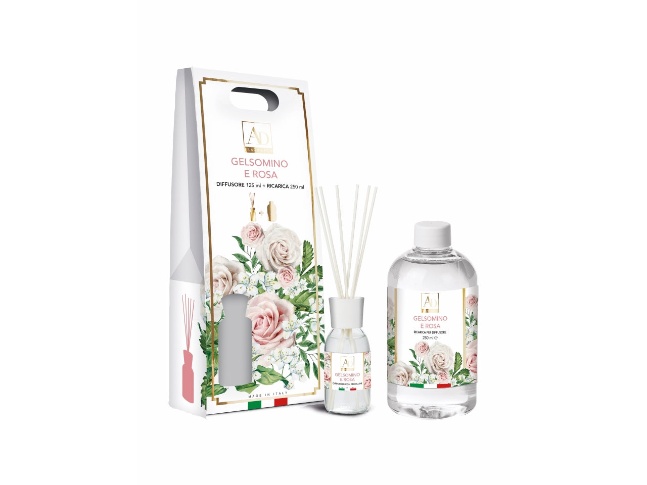 Diffusore  di essenze 125ml e ricarica 250ml fraganza gelsomino e rosa